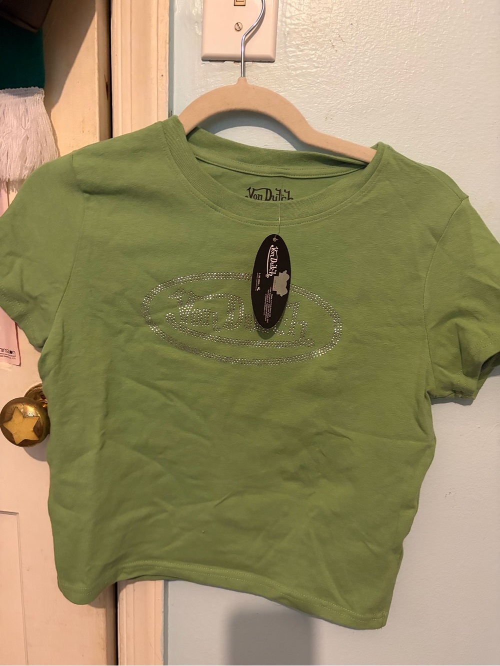 Von Dutch Lime Green Rhinestone Logo Crop Top
